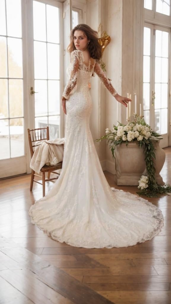 Size M Romantic Bridal Gown Detachable Train Mermaid V Neck Long Sleeve Wedding Dresses with Appliques 2024